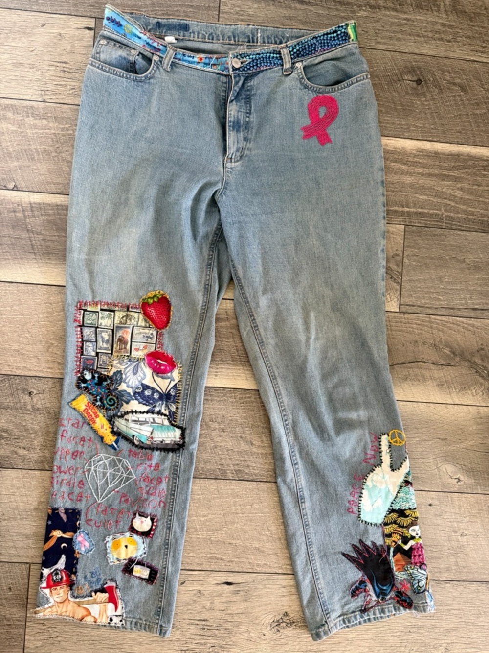 One-of-a-Kind Upcycled Jeans Multicolored Embroidered Light Wash Unique Handmade